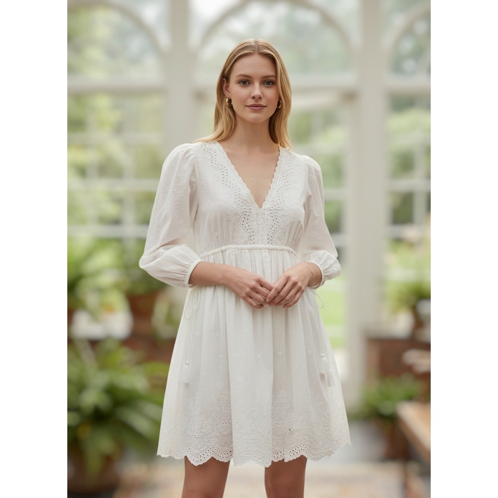 Ulla Johnson Dress 2 White Cotton Eyelet Lace Tassel Boho Babydoll Mini Women's